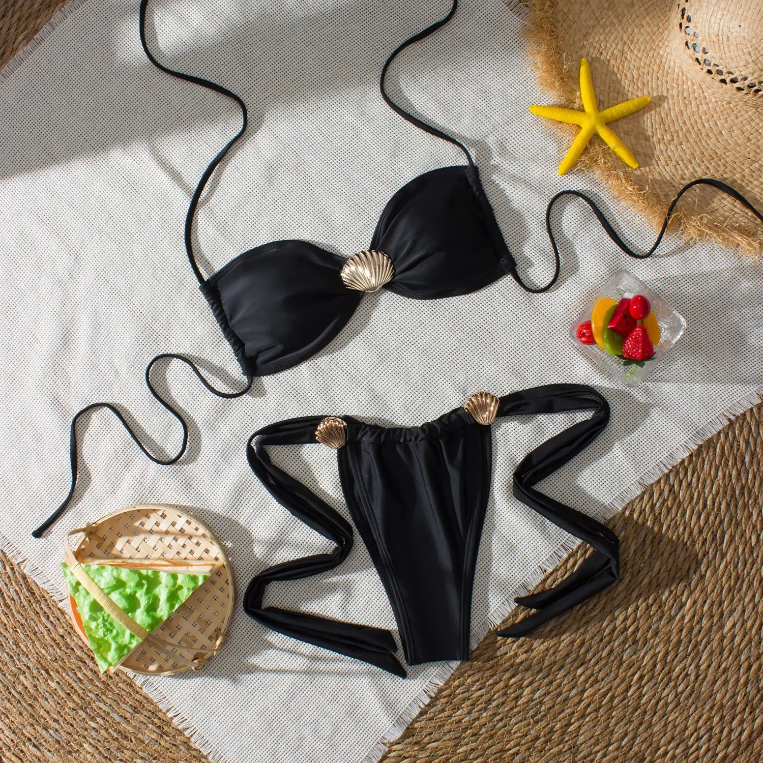 

Bathing Suit Women European And American Metal Shell Decoration Solid Color Lace-up Sexy Cute Party Bikini Set