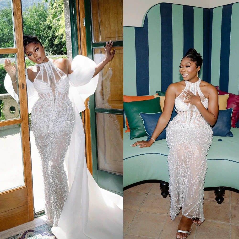Designer Mermaid Wedding Dresses For Women Halter Neck Jacket Gown Pearls Sequins Sweep Train Customized Dress