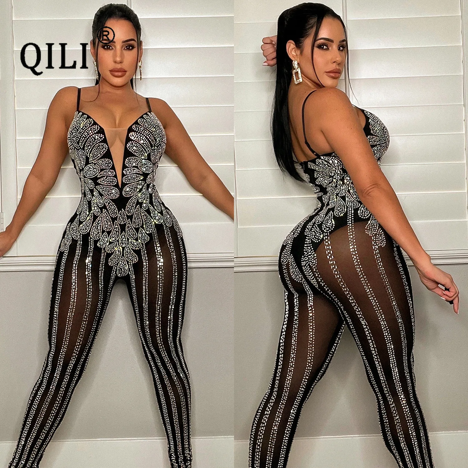 

QILI-Women's Sexy See-through Suspenders Jumpsuits, Diamonds Skinny, Full Length, Club Party Rompers, Black, Khaki