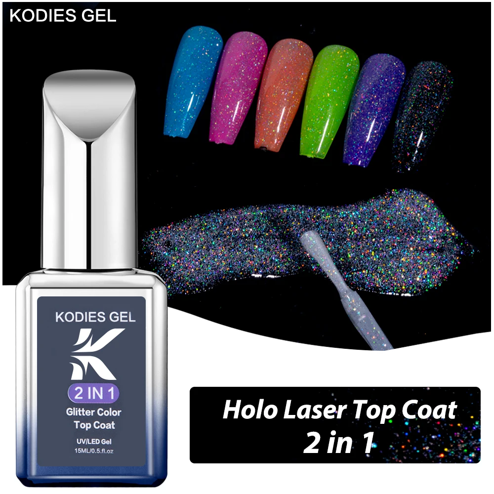 KODIES GEL Super Laser Top Coat Gel Nail Polish 2 IN1 Glitter Sequins Rainbow Shine Top Gel Finish Cover Sealer All for Manicure