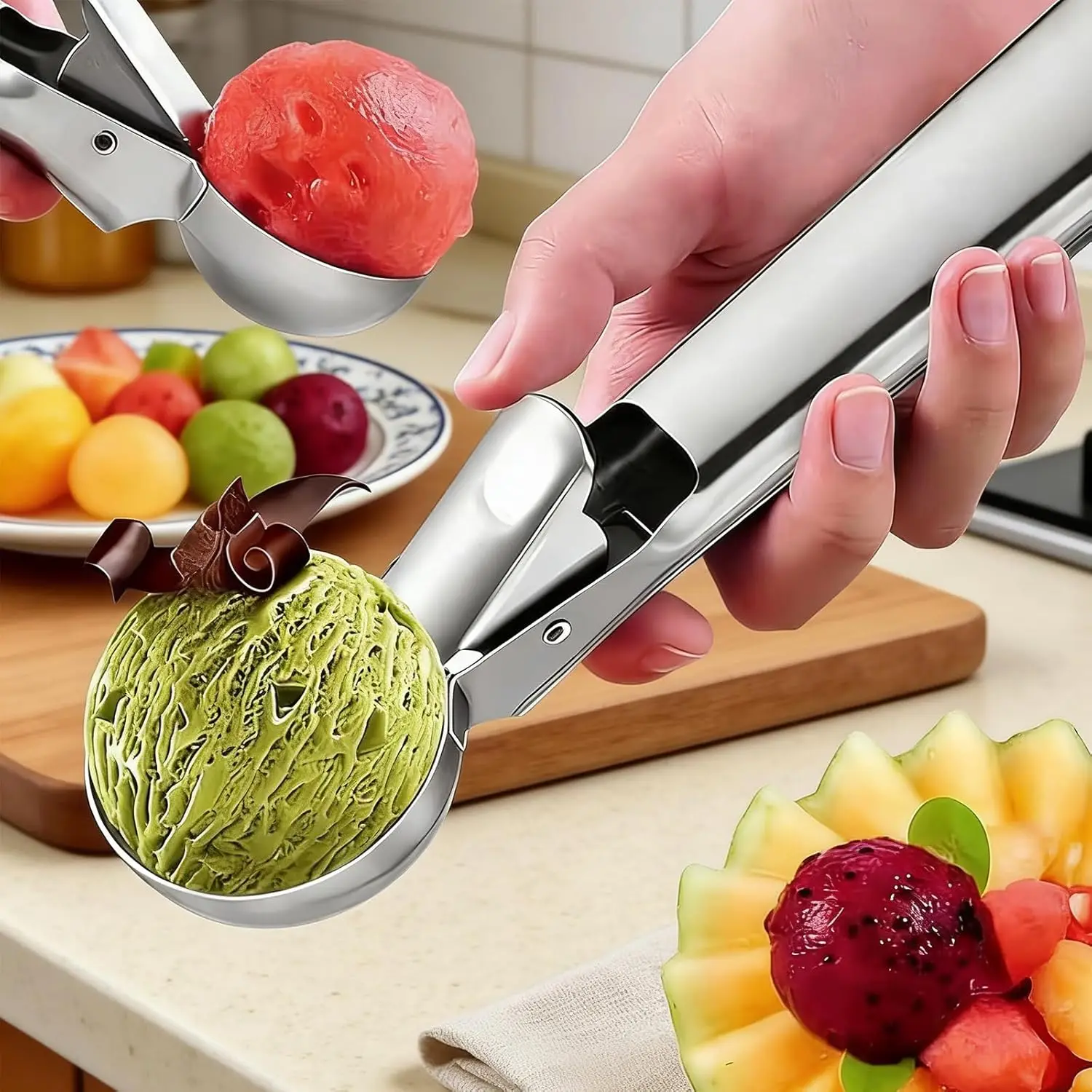 Colher de Sorvete em Aço Inoxidável com Gatilho para Frutas, Biscoitos, Iogurte Congelado, Gelatos e Sundaes