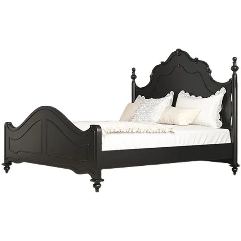 

Minimalist all solid wood frame engraved bed Nordic bedroom double bed simple retro black curved feet