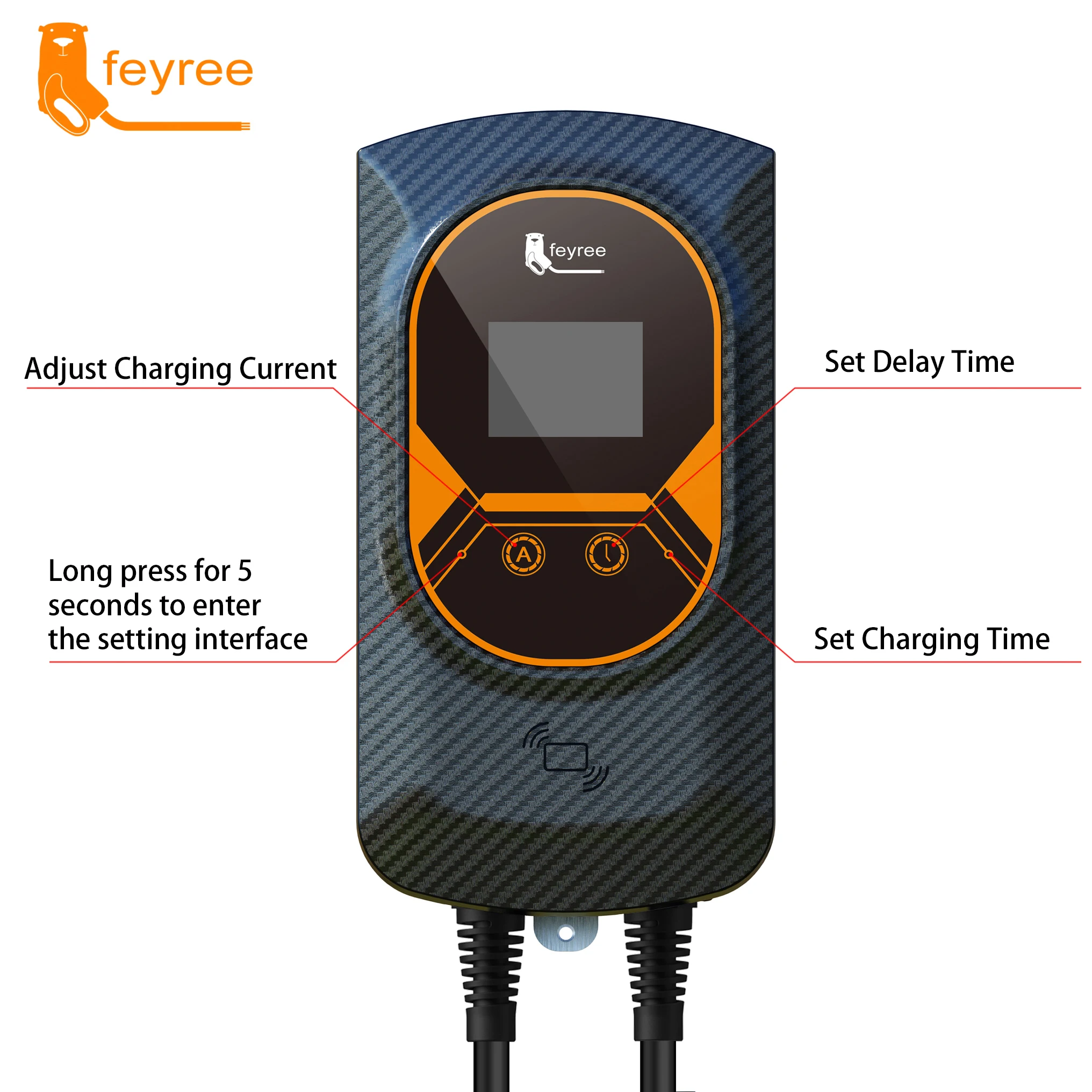 feyree EV Charger Type2 32A EVSE Wallbox with IEC62196-2 Adapter 7.6KW Wallmount Charging Station 5m Cable for Electric Vehicle