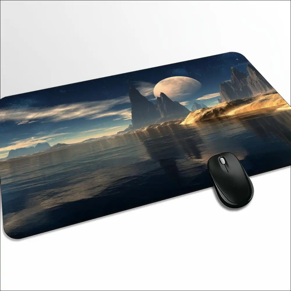 Moonlit Island Deep Blue Sea Large Gaming Mouse Pad TCG Playmat Non-Slip Rubber Backing Stitched Edge Low Friction Surface