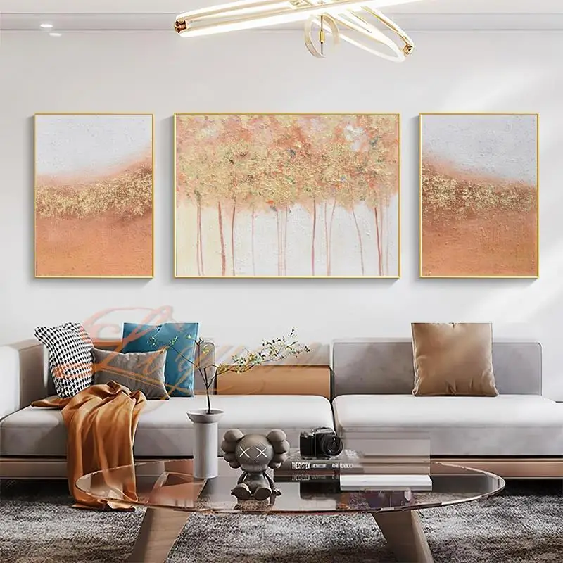 

3 Piece Handmade Abstract Golden Foil Money Tree Oil Painting Luxury Triptych Living Room Wall Art Decor Bedside Mural Frameless