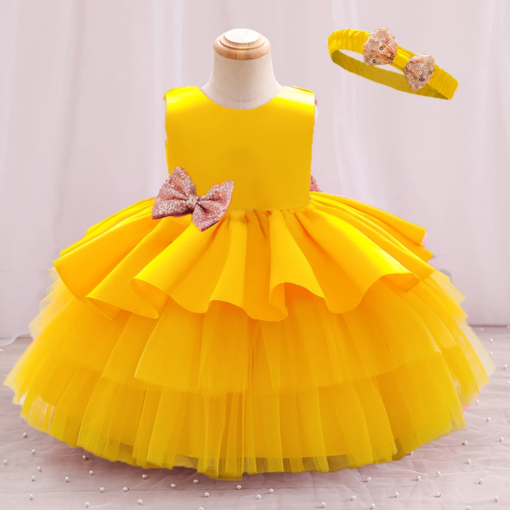 2024 New Summer Big Bow Dress per neonate Tulle Cute Sequin Kid Birthday Princess Party Dress Solid Elegant Wedding Clothes