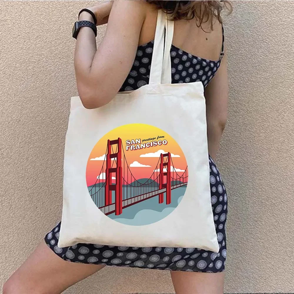 Vintage San Francisco California State Bear Flag Golden Gate Bridge Palm Harajuku Tote Bag Foldable Shopping Bag Shopper Handbag