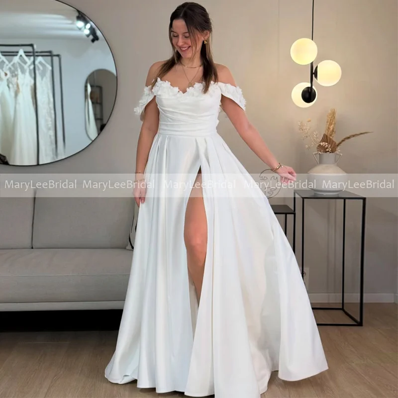 High Slit Satin A-line Wedding Dress with Handmade Flowers Customized Off the Shoulder Women Civil Bridal Gowns vestido de novia