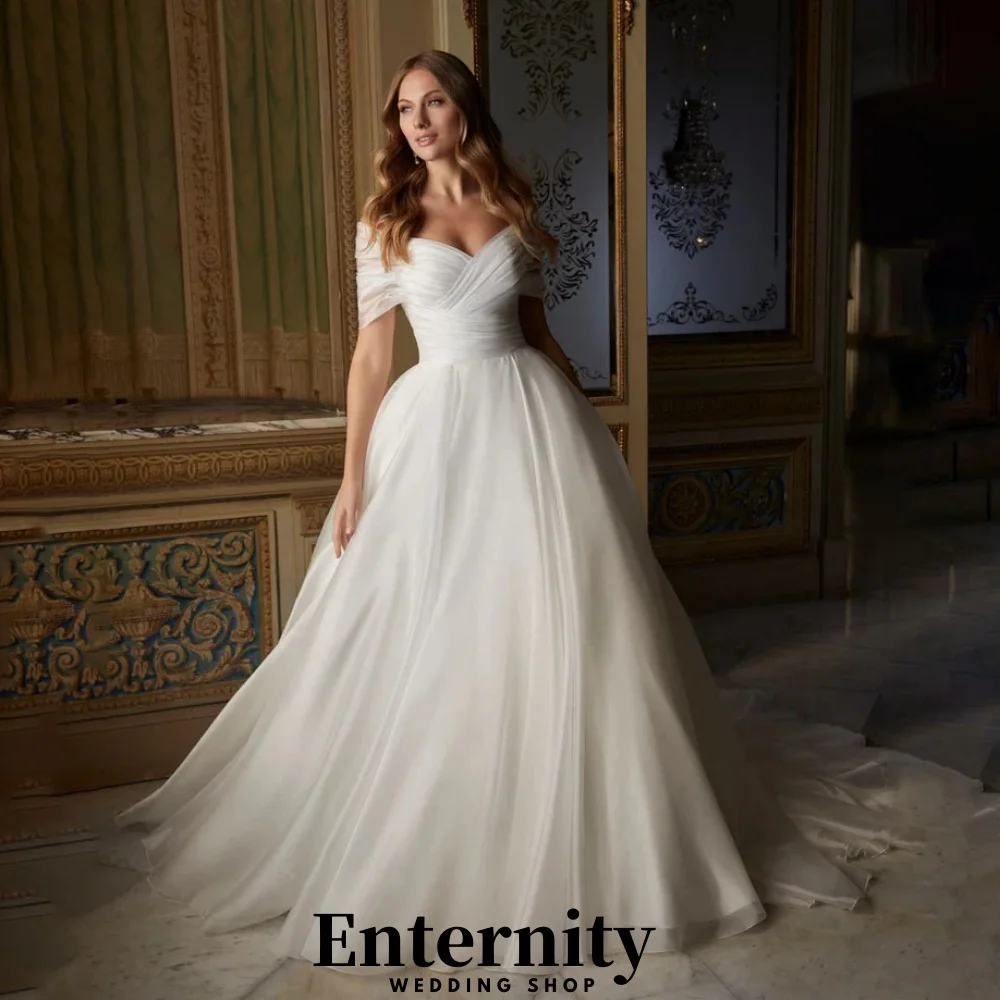 فساتين زفاف مخصصة على شكل حرف v أنيقة الكشكشة قبالة الكتف للنساء فساتين الزفاف الساحرة Ruched Vestidos De Novia #1