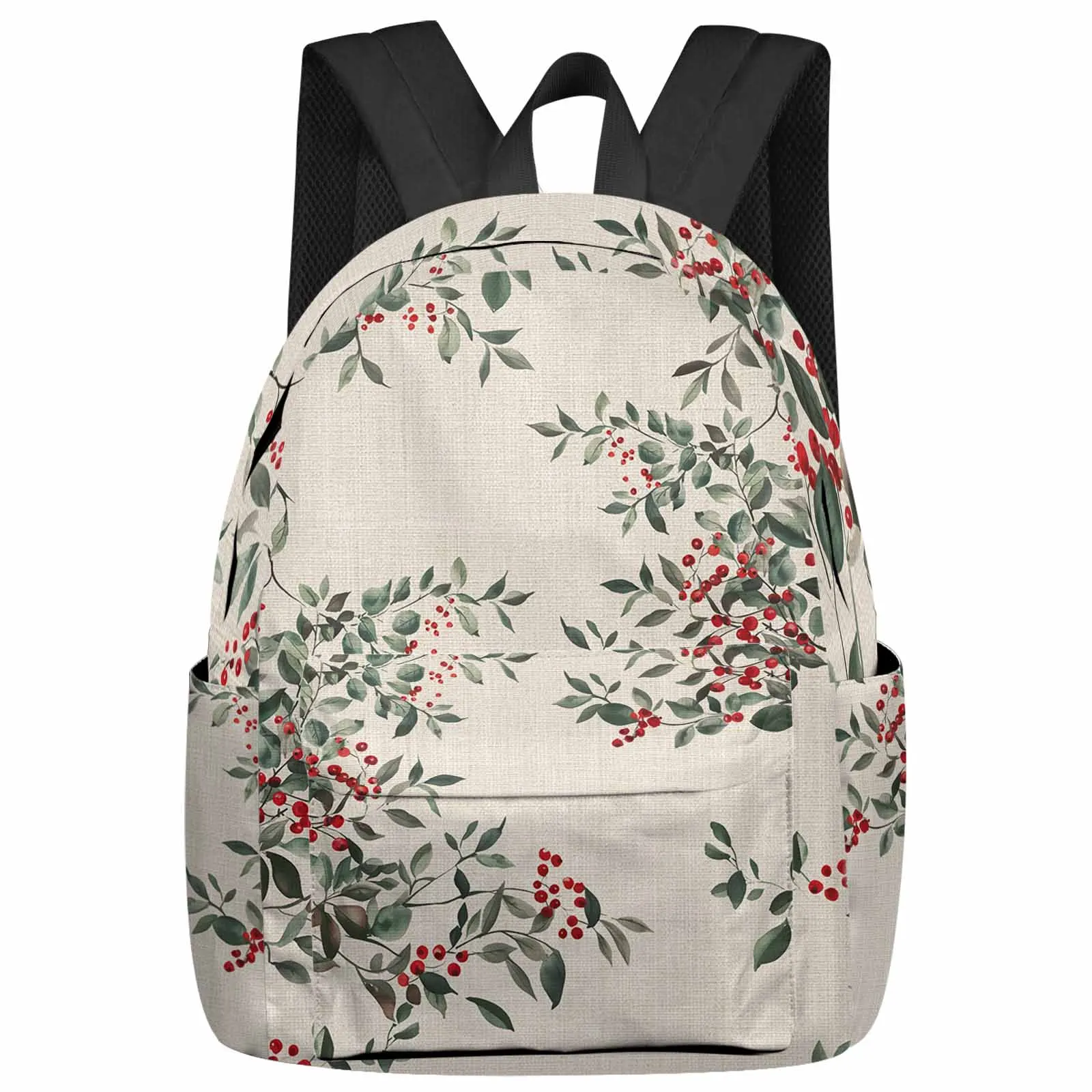 

Plant Berry Watercolor Beige Linen Background Large Capacity Backpack Men Laptop Bags High School Teen College Girl Student