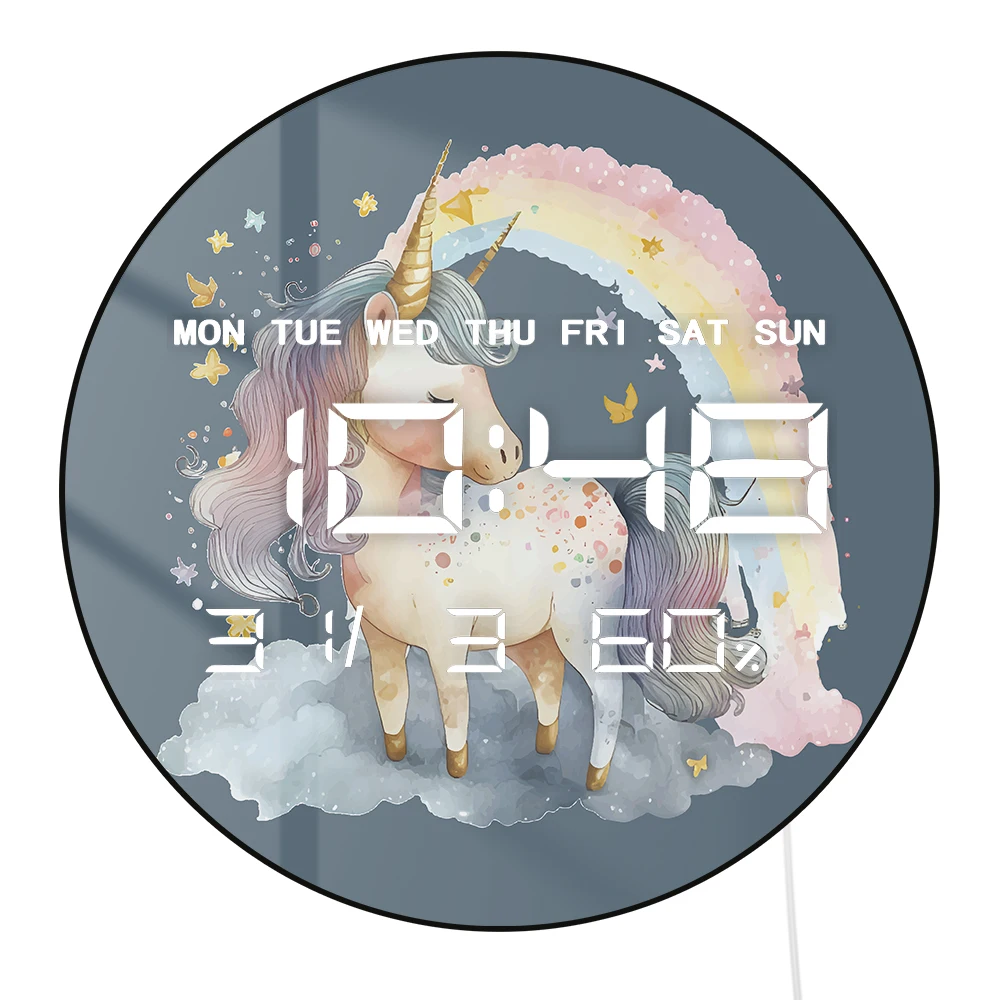 قوس قزح يونيكورن ساعة حائط إلكترونية حديثة عرض عددي كبير للفتيات غرفة الحضانة الخيال ديكور المنزل ساعة حائط رقمية