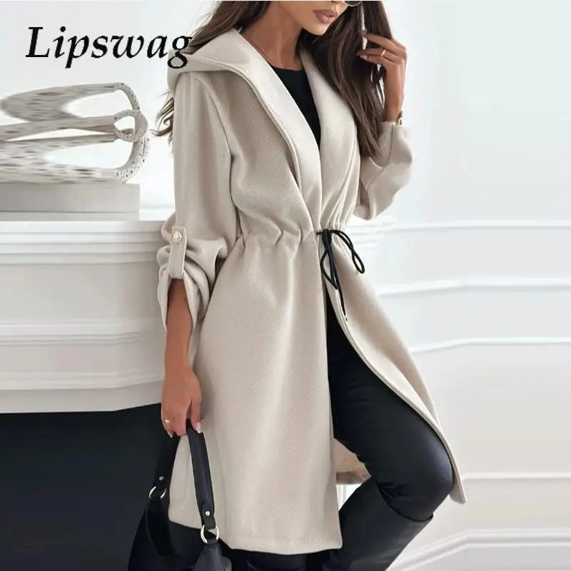 

Autumn Winter Fashion Drawstring Sweatshirt Coats New Casual Long Sleeve Solid Thick Hoodie Women's Furry Long Woolen Coats