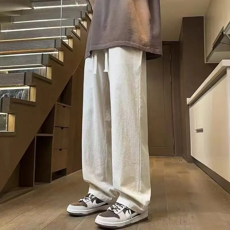 Calças casuais para homens verão novo gelo seda na moda esportes solto tubo reto para homem