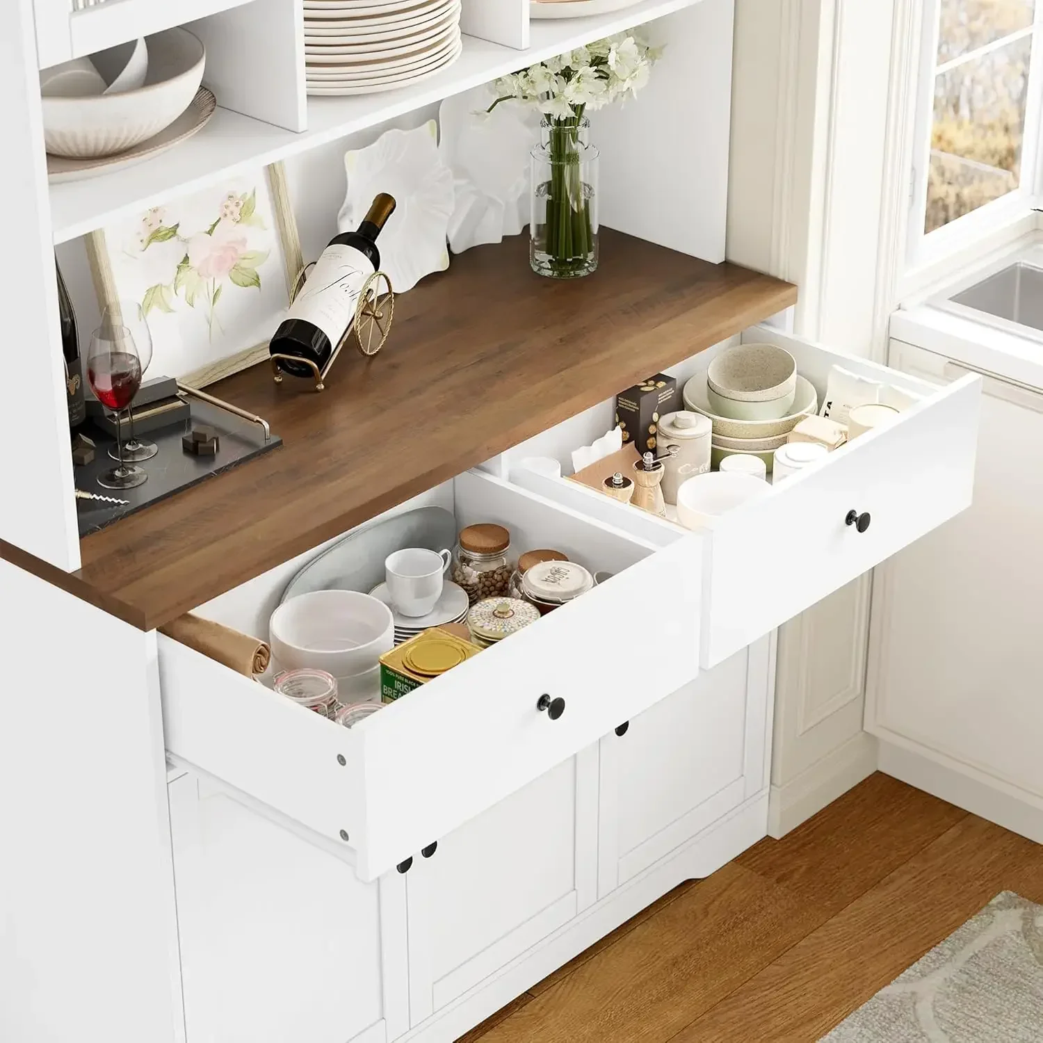 ベストセラー！今すぐ購入！ ]プレミアム71インチパントリーキャビネット、電子レンジスタンド付きキッチンパントリー収納キャビネット、モダンなキッチンハッチF