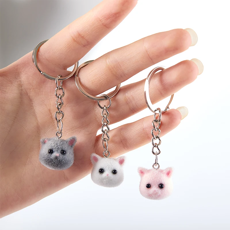 1PC 3D Cartoon Flocking Cat Head Keychain Cat Key Ring Animal Key Chains Souvenir Gifts For Women Men Car Keys DIY Jewelry