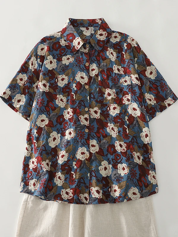 Hong kong sle floral irt feminino verão novo design solto casual retro impressão topo na moda ort sve colarinho tecido fino