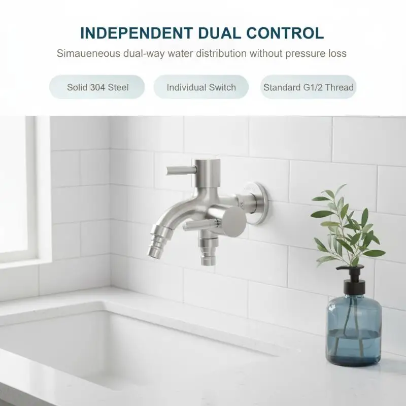 Stainless Steel Faucet 304 Food Grade Dual Outlet Hot Cold Water Tap for Kitchen Sink Bathroom Easy Installation