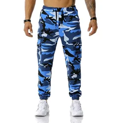 Calça esportiva masculina de alta qualidade, casual, algodão, camuflada, cargo, cintura elástica, cordão, calças táticas militares