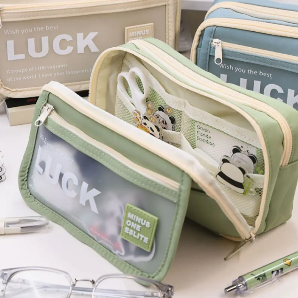 Large Capacity Translucent Pencil Case Matte Texture Flip Front Pocket Translucent Pen Bag Lucky Zipper Stationery Box
