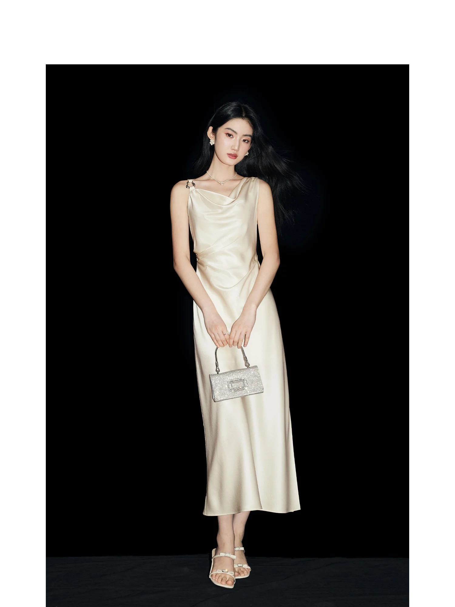 

Elegant MandyZhang Acetate Off-Shoulder Gown Women's Summer Dress Gathered Waist Slim Fit Luxury Fashionable Dress