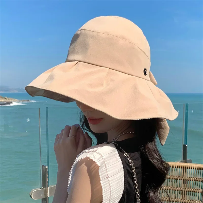 Sunscreen Hats with Bow Large Brim for Covering The Face To Prevent Ultraviolet Rays Summer Foldable Fisherman Cap for Women