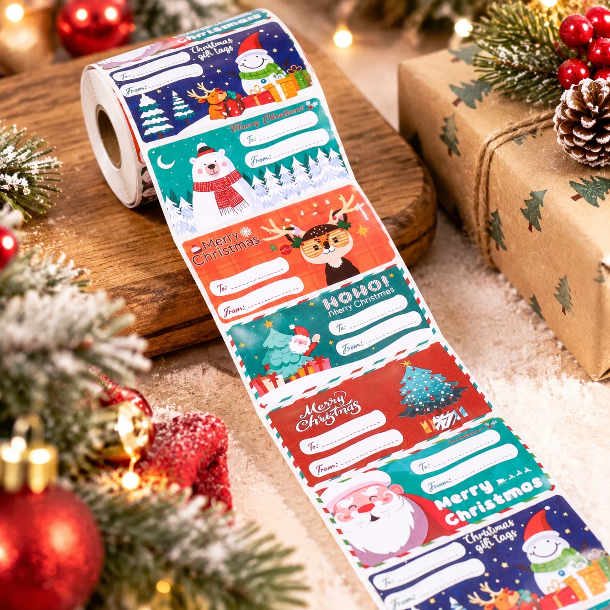 200PCS Christmas gift tag sticker rolls, self-adhesive and writable labels, suitable for gift and holiday packaging seals