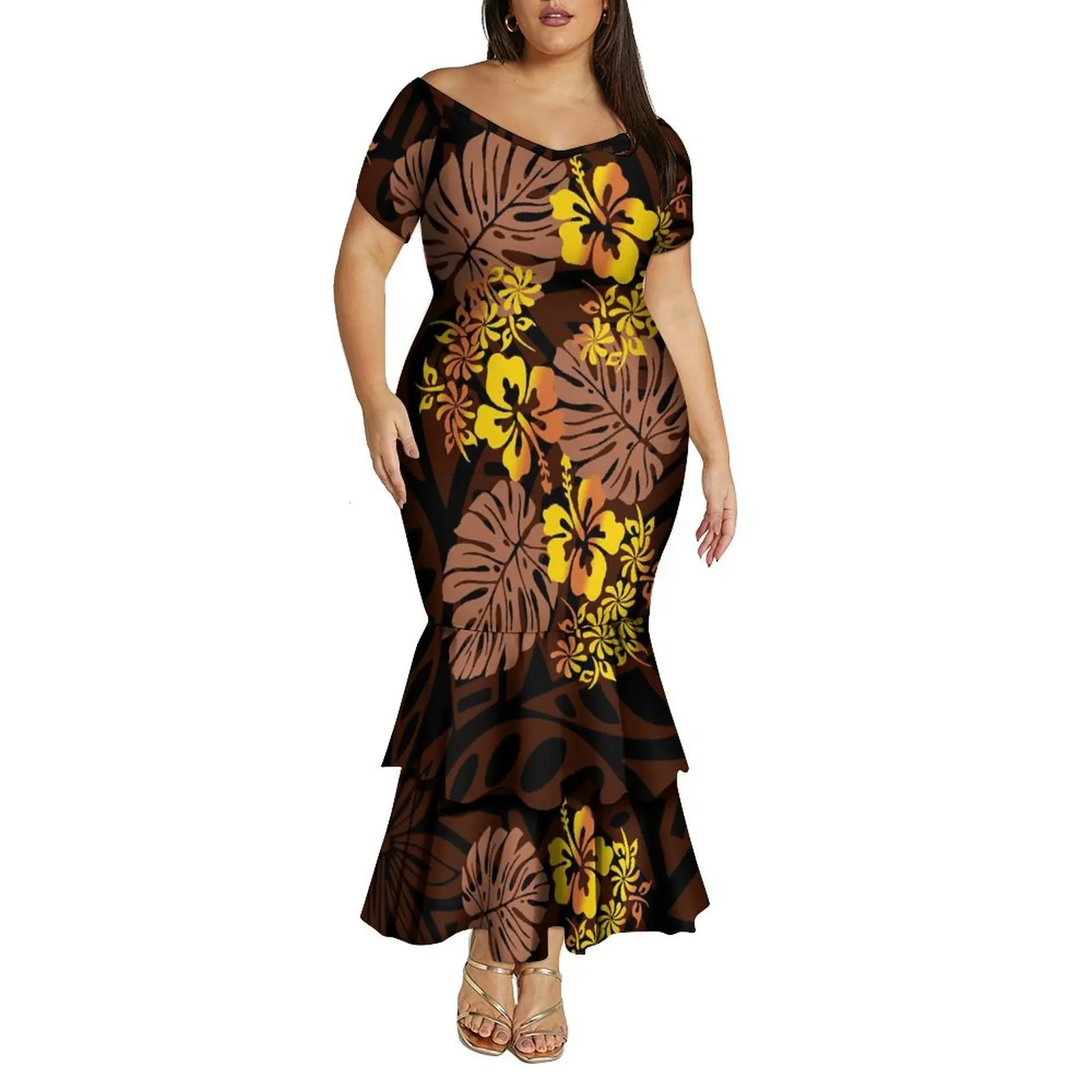 Elegant And Casual Custom-Made Polynesian Women'S Fashion Tribe Design V-Neck Off-The-Shoulder Double-Layer Hem Fishtail Skirt
