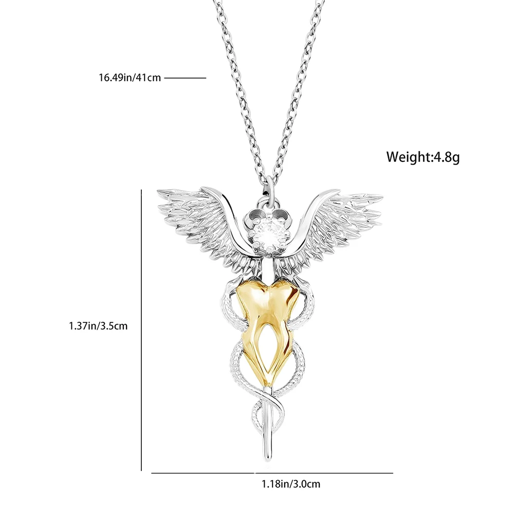 Hanreshe Caduceus Tooth Pendant Necklace Medical Snake Scepter Wings Exquisite Crystal Dental Jewelry for Dentist Doctor Nurse