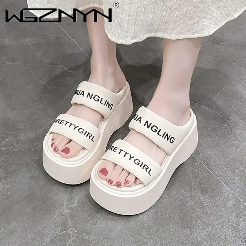 

2024 Summer Women Hollow Out Beach Slippers New Ladies Wedge Heels Leather Flip-Flops Woman High Platform Outside Sandals 8CM