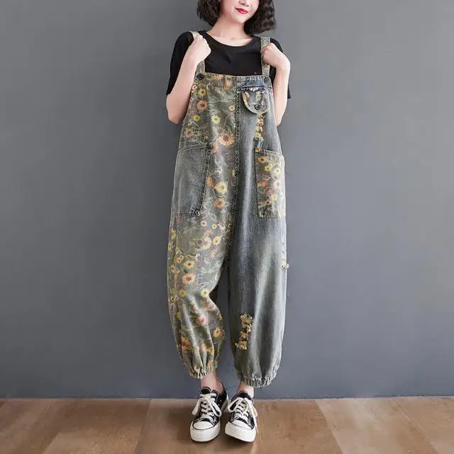 Women'S Retro Vintage Strap Jumpsuits Korean Embroidery Ripped Jeans With Belt And Cuff Baggy Pants Sweatpants For Women 2025