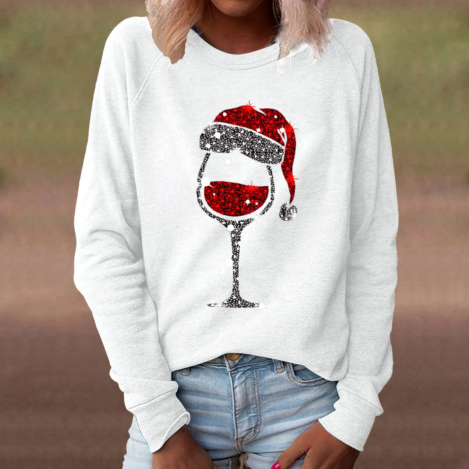 Funny Christmas Red Wine Glass Print Long Sleeve T-shirts 2024 New Ladies Round Neck Long Sleeve Casual Party Wear Shirts Tops