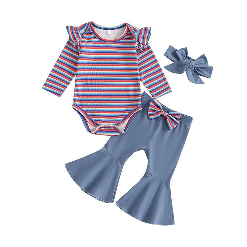 

Newborn Baby Girl Halloween Outfit Long Sleeve Ruffle Stripe Romper Flared Pants Headband 3Pcs Fall Clothes 0-18M