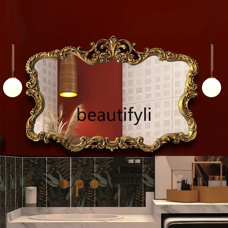 

European retro bathroom mirror wall hanging carving, bathroom, light luxury vanity bathroom decorative mirror