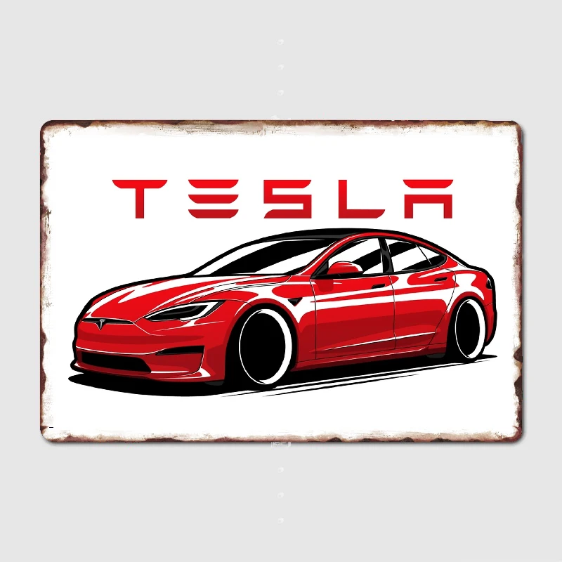 Red Tesla Model S Plaid Metal Print Mural Garage Decoration Club Party Vintage Tin Sign Poster Coffee/Bar decoration