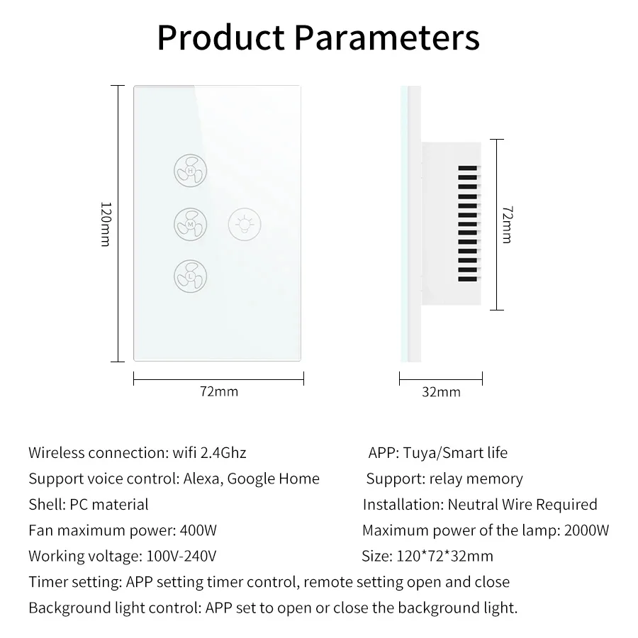 Tuya Wifi Smart Rremote Control Touch Wall Fan Switch Alice Neutral Wire Wall Glass Panel  Ceiling Lamp Speed Voice Control