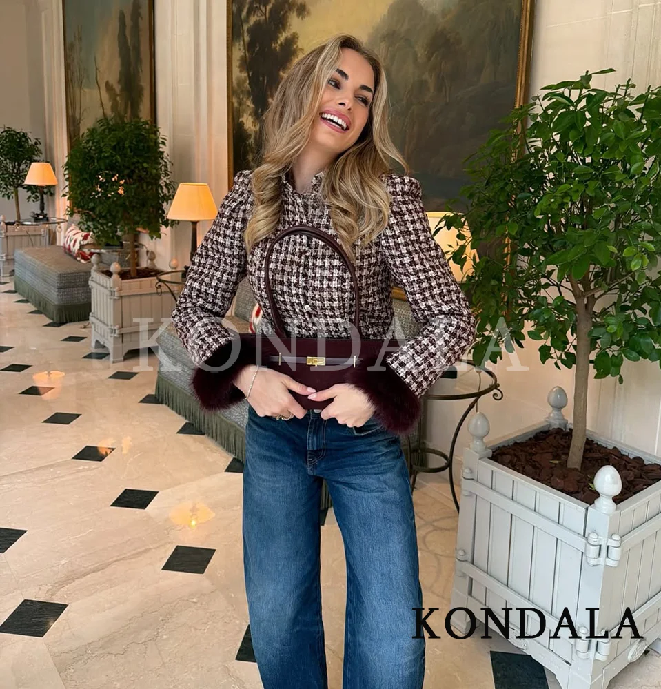 KONDALA Elegant Vintage Slim Plaid Blazer Women New 2026 Trendy Faux Fur Cuff Buttons Blazer Spring Chic High Street Lady Blazer view 2