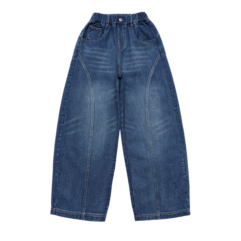 Girls' Jeans Autumn Winter Warm Fleece Oose Curved-cut Trousers Children's Clothes 2025 Spring New Kids Straight Wide-leg Pants