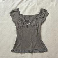New Women Sweet Pink Linen Laceup Slim T Shirt 2000s Summer Bow O-neck Puff Sleeve Blouse Vintage Preppy Solid Cute Tees Y2k Top