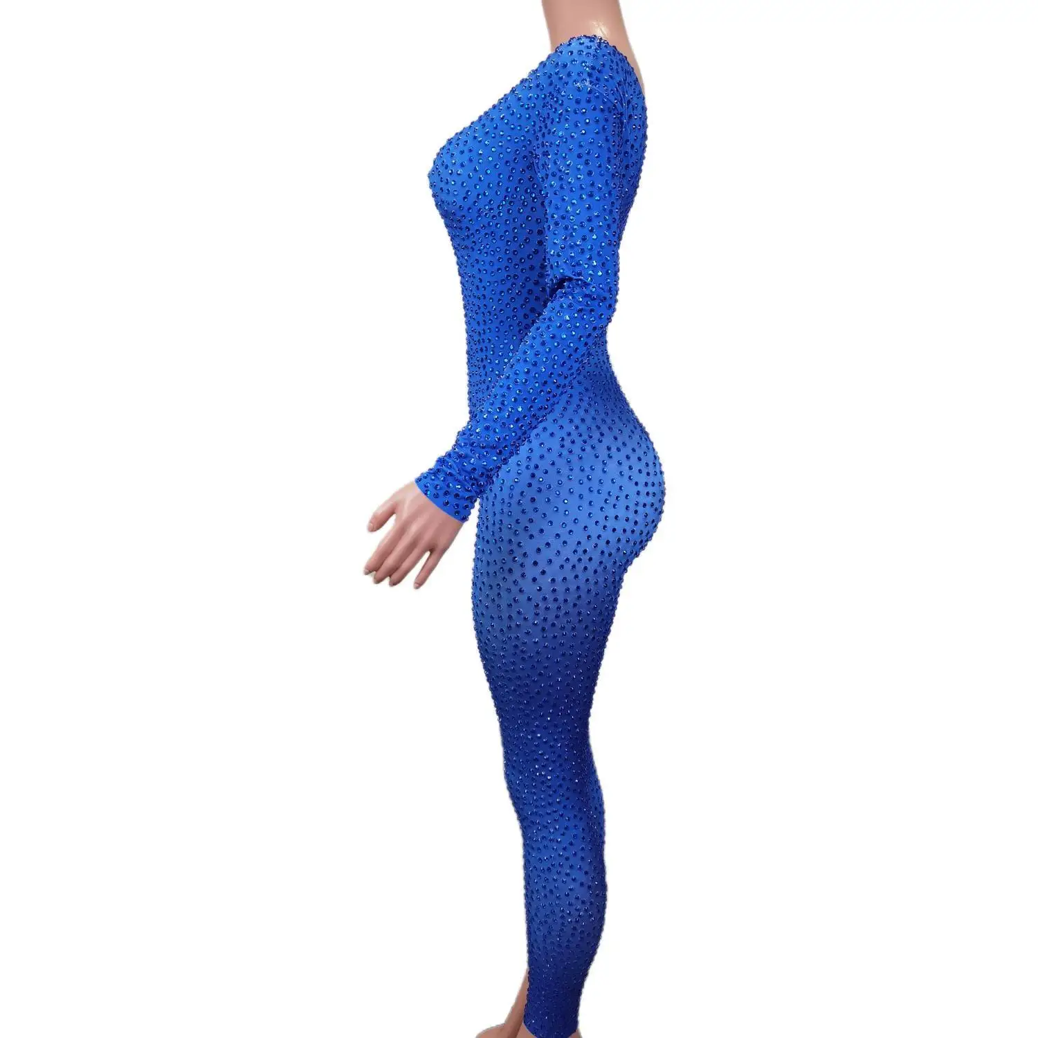 Sexy Long Sleeve Blue Crystal Bodysuit Plus Size Romper Singer Dancer Leotard Women Party Club Outfits Slim One Piece Jumpsuits