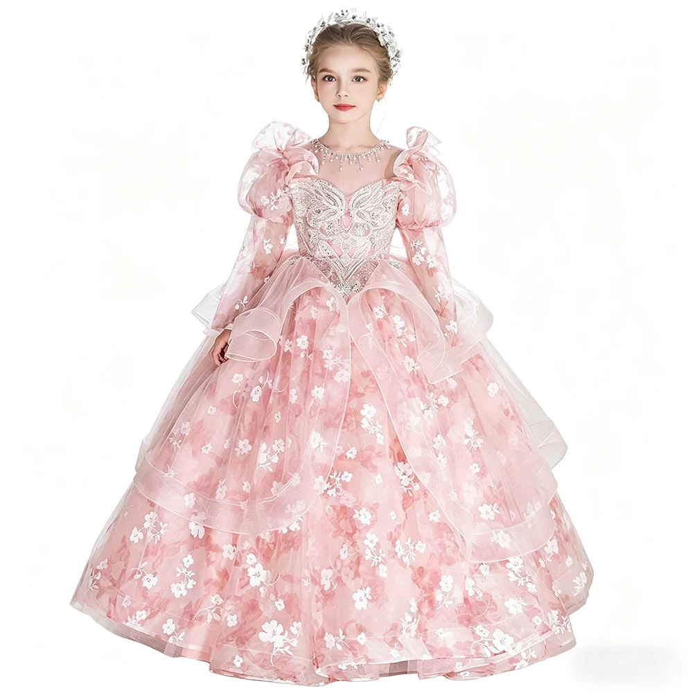 Pink Floral Girls Wedding Bridesmaid And Pageant Dress Princess Elegant Puff Long Sleeve Lace Banquet Gown Kids Birthday Dresses