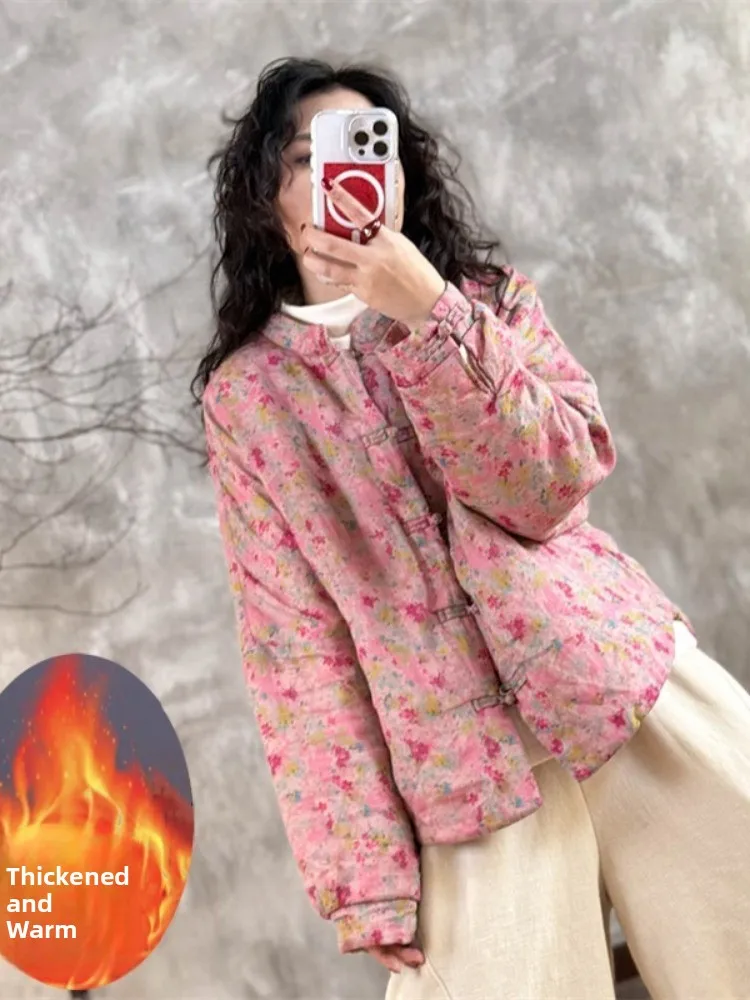 

Retro Style Handmade Button Cotton Jacket Women's Winter Fashion Print Tang Suit Quilted Cotton Coat Outerwear