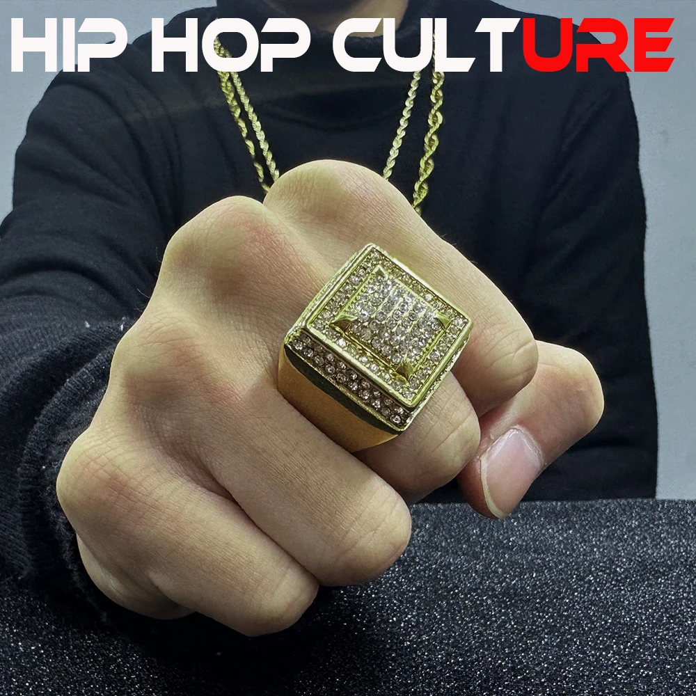 New hip-hop domineering ring, luxurious 18K gold plating, diamond inlay, suitable for street gangs, nightclub parties