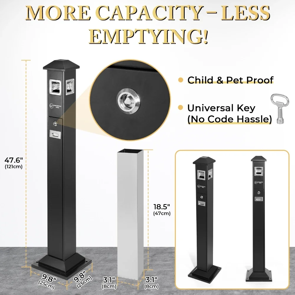 Black Vertical Ashtray Iron Ash Column Floor Stand Cigarette Column Cigarette Butt Collector with Key for Outdoor Hotel Lobby