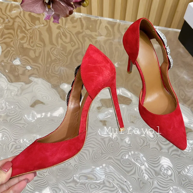 Cow Suede Shallow Mouth Thin Heel Sandals Women Pointed Toe Rhinestone Decor Single Shoes  Spring Summer Party Dress Shoes Pumps