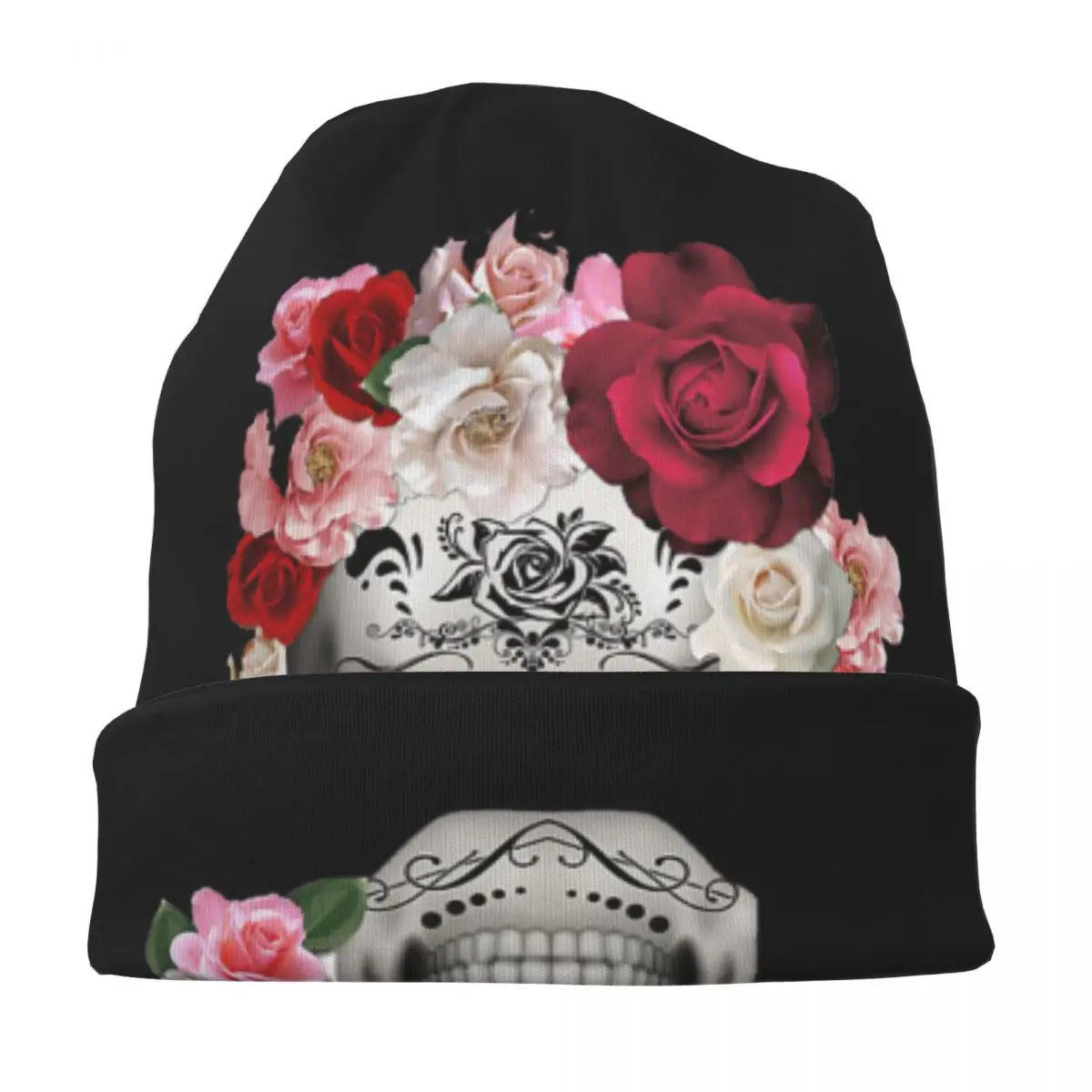 السكر الجمجمة مع الورود Skullies قبعة صغيرة دافئة الخريف الشتاء في الهواء الطلق قبعة محبوك بونيه قبعات للرجال النساء الكبار