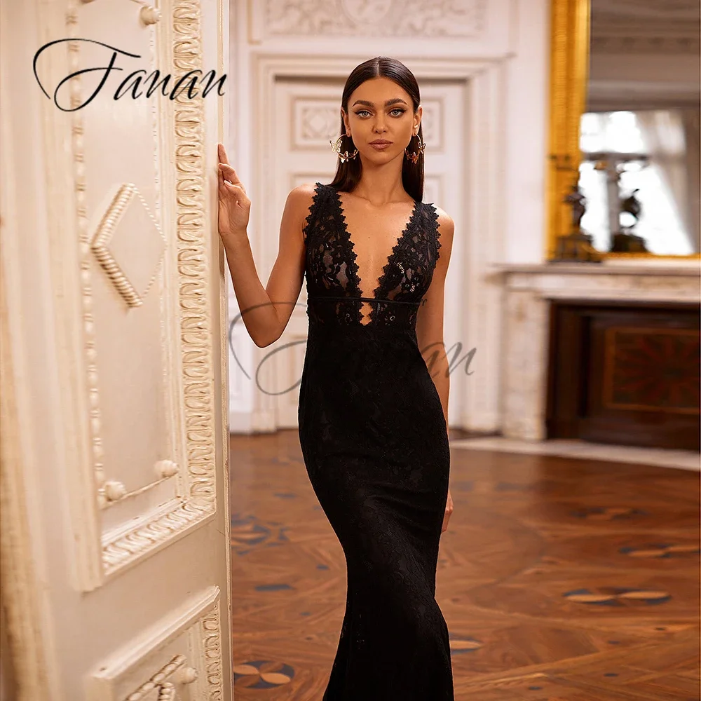 Sexy głębokie dekolt w serek syrenka formalne suknie wieczorowe Backless przezroczyste koronki cekinami Prom Party Gwon robe de soirée femme vestidos