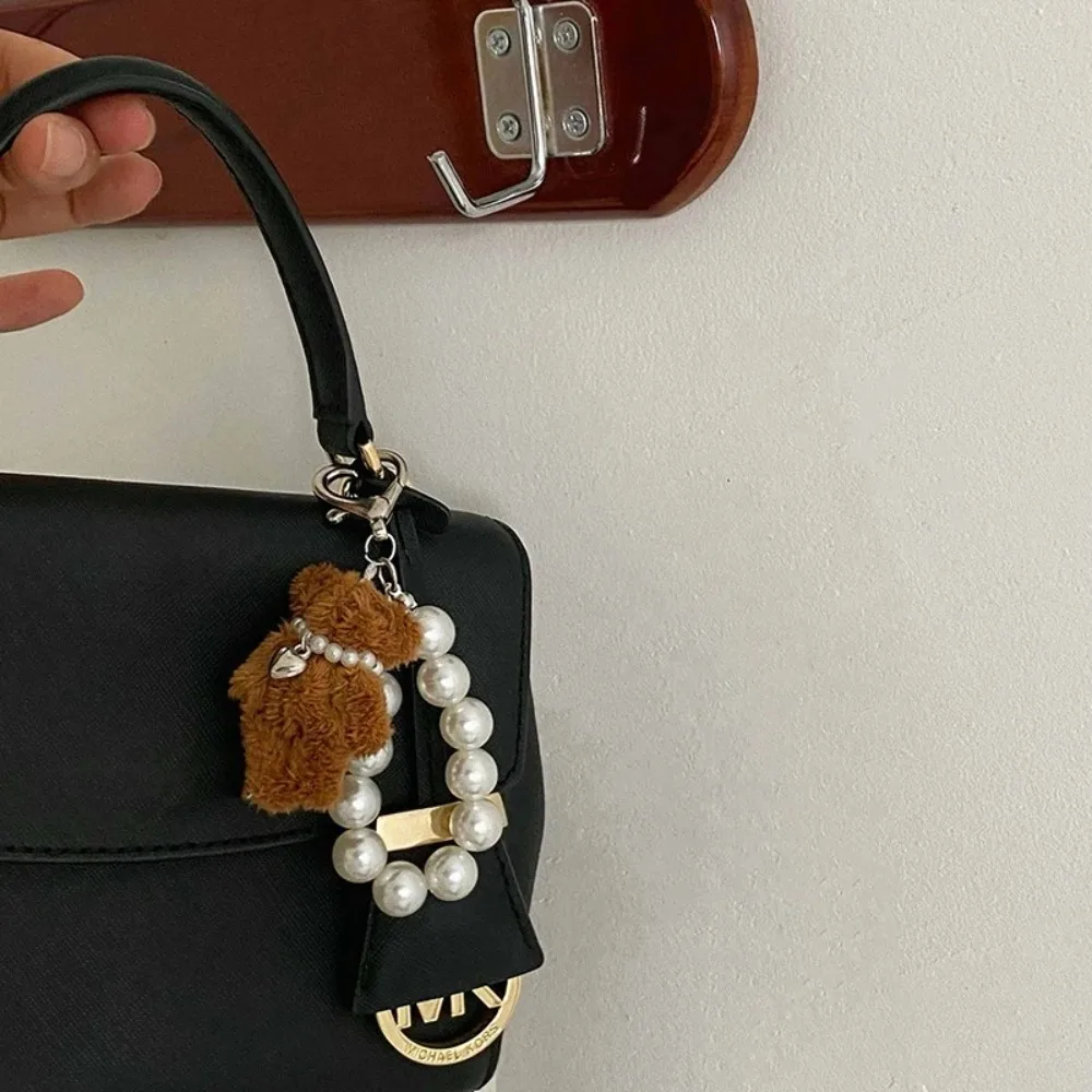 패션 모조 진주 플러시 테디베어 휴대폰 체인 장식품 키체인 인형 가방 참 장식 여성 소녀용