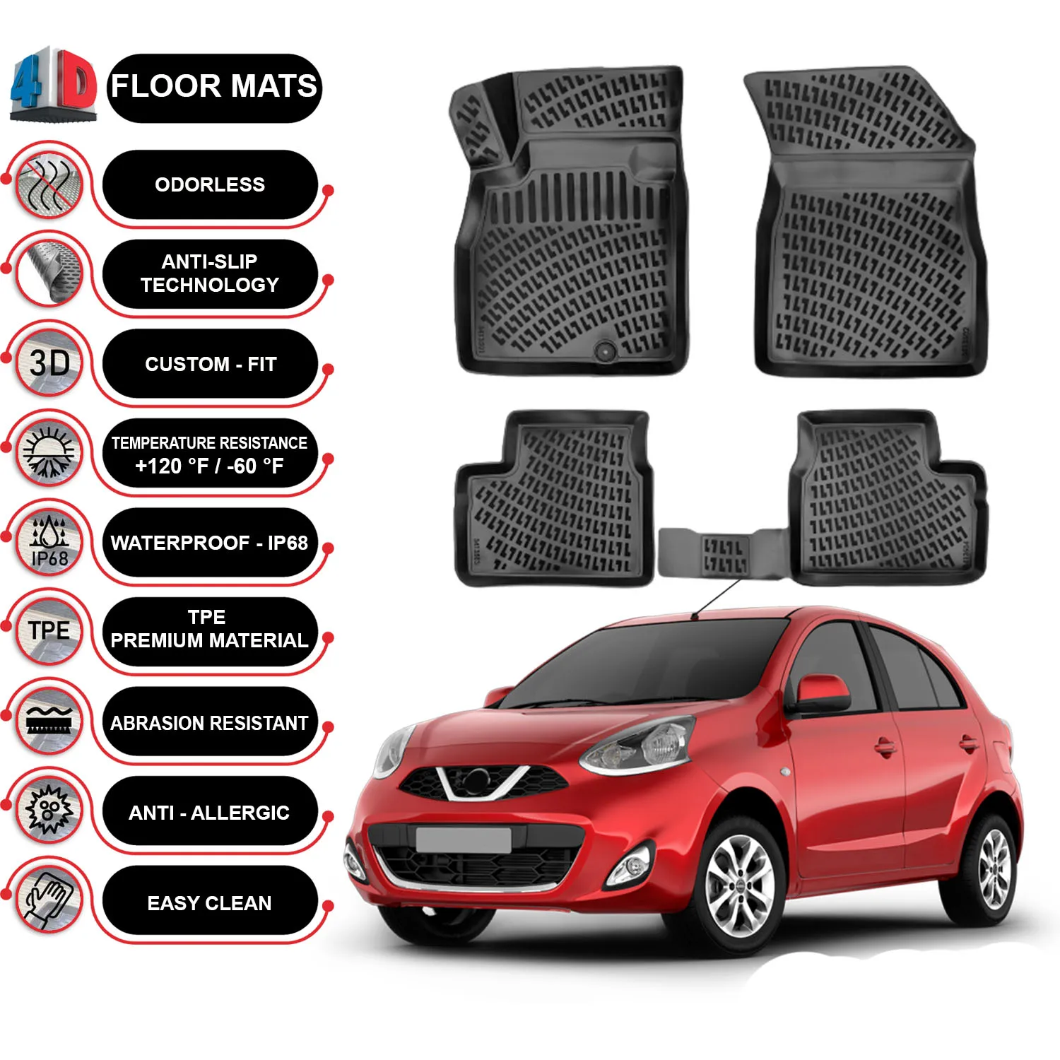 Nissan March - (2016-2018) Floor Mats Liner Waterproof 3D - (Black)