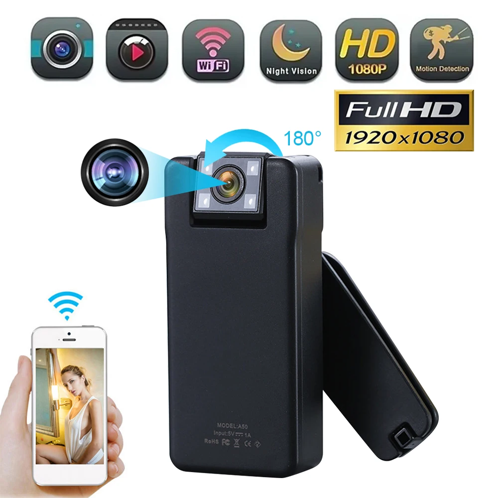 A50 1080P Mini Digital Camera WIFI Remote Control 150 Degrees Wide Angle Rotation Lens Bodycam Sports DV with Rotating Back Clip