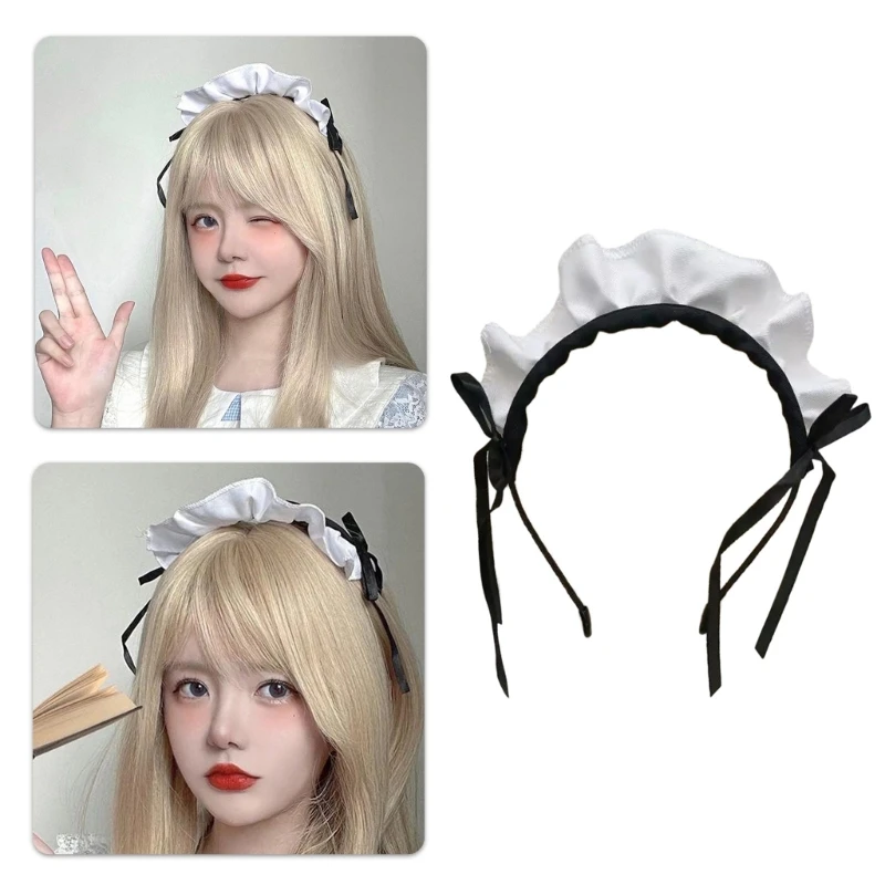 Maid Costume Headband Bowknot Maid Headpieces Ruffle Maid Hair Hoop For Women Girl Halloween Role Play Cosplay Parties